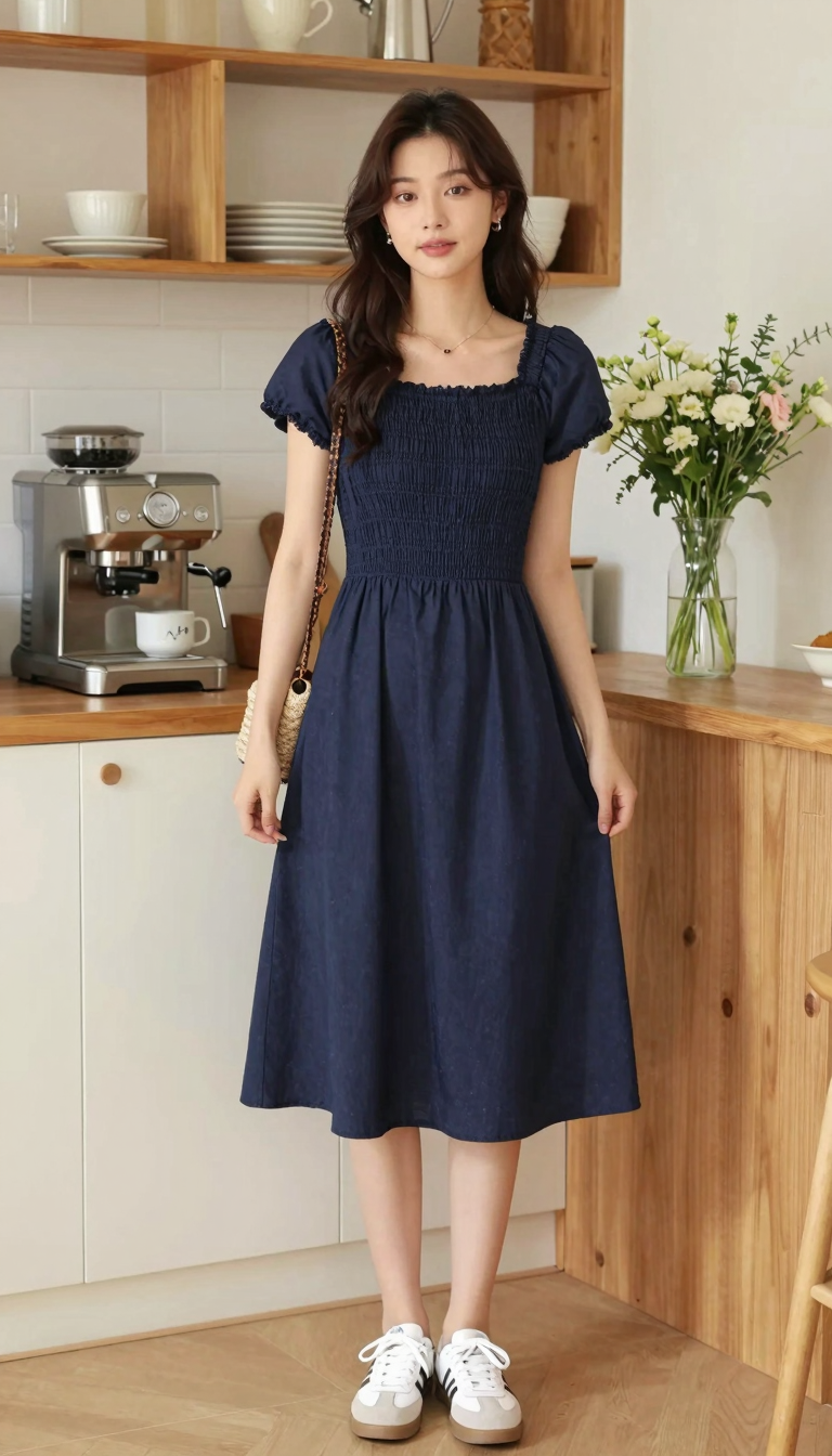 Woman in a navy blue sundress rush dress with a smocked bodice and white sneakers in a cozy kitchen