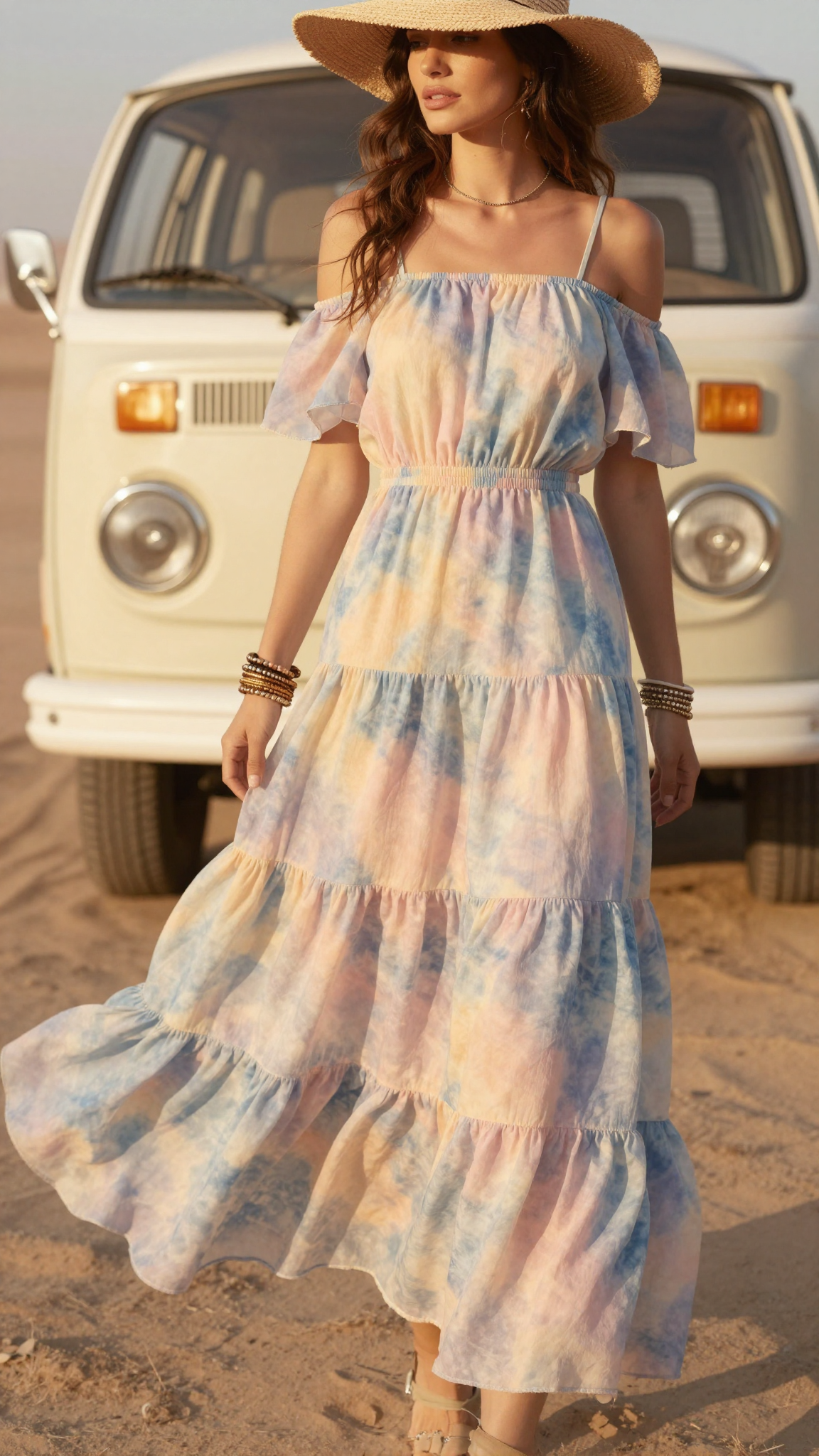 Woman in a pastel tie-dye tiered rush dress with off-the-shoulder sleeves in a desert landscape