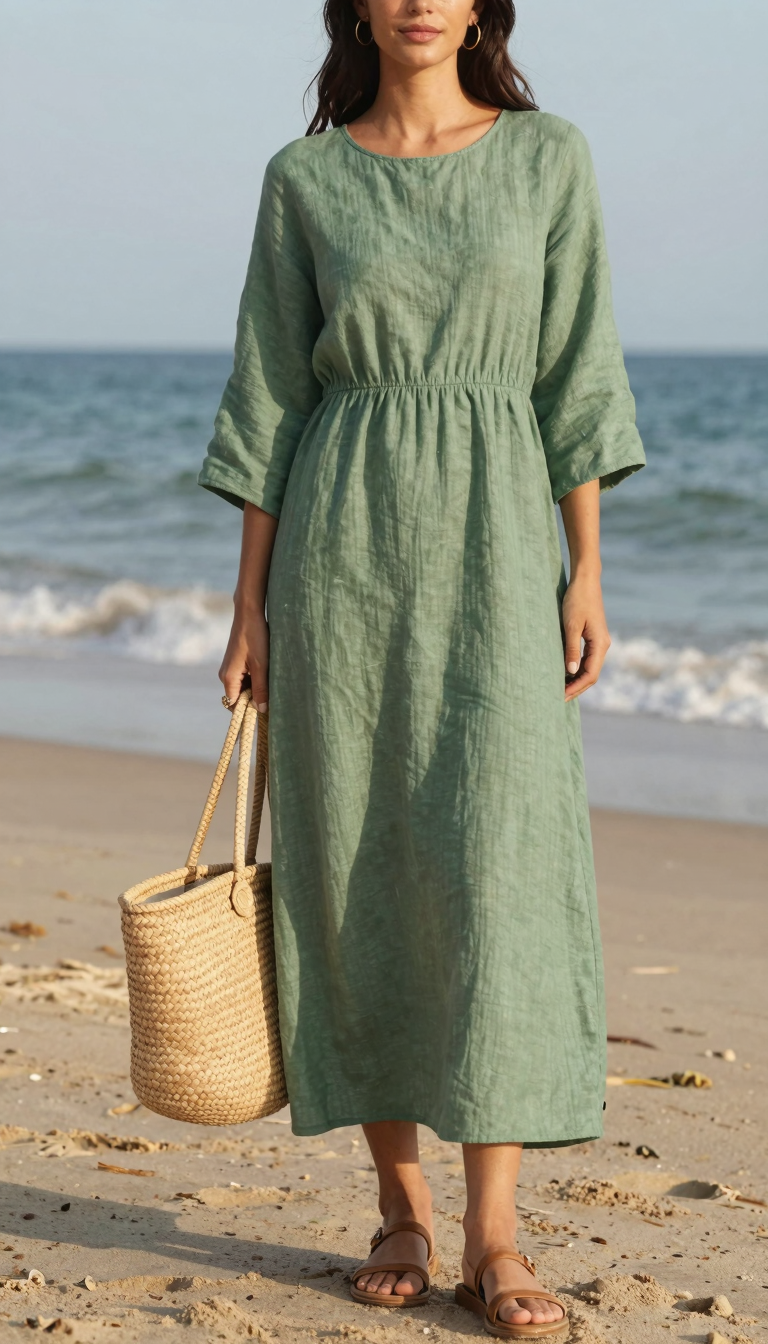 Woman in a sage green linen maxi rush dress with three-quarter sleeves on a sandy beach