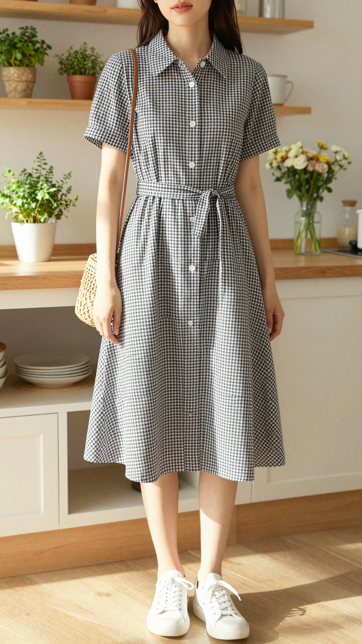 Woman in a gingham shirtdress rush dress with a button-front bodice and white sneakers in a sunlit kitchen