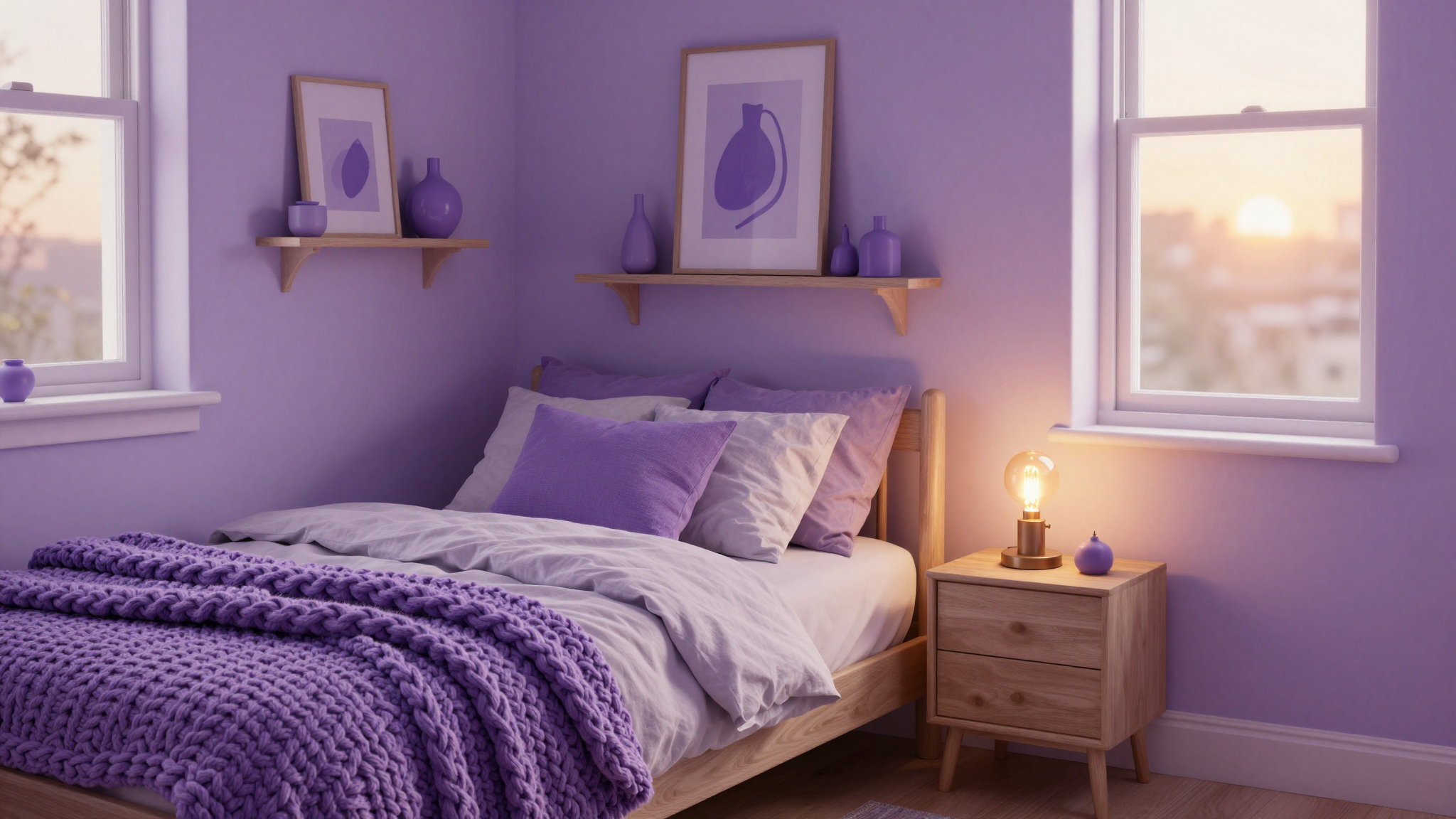 Cozy dorm room with purple bedding, warm lighting, and minimalist decor in soft lavender tones