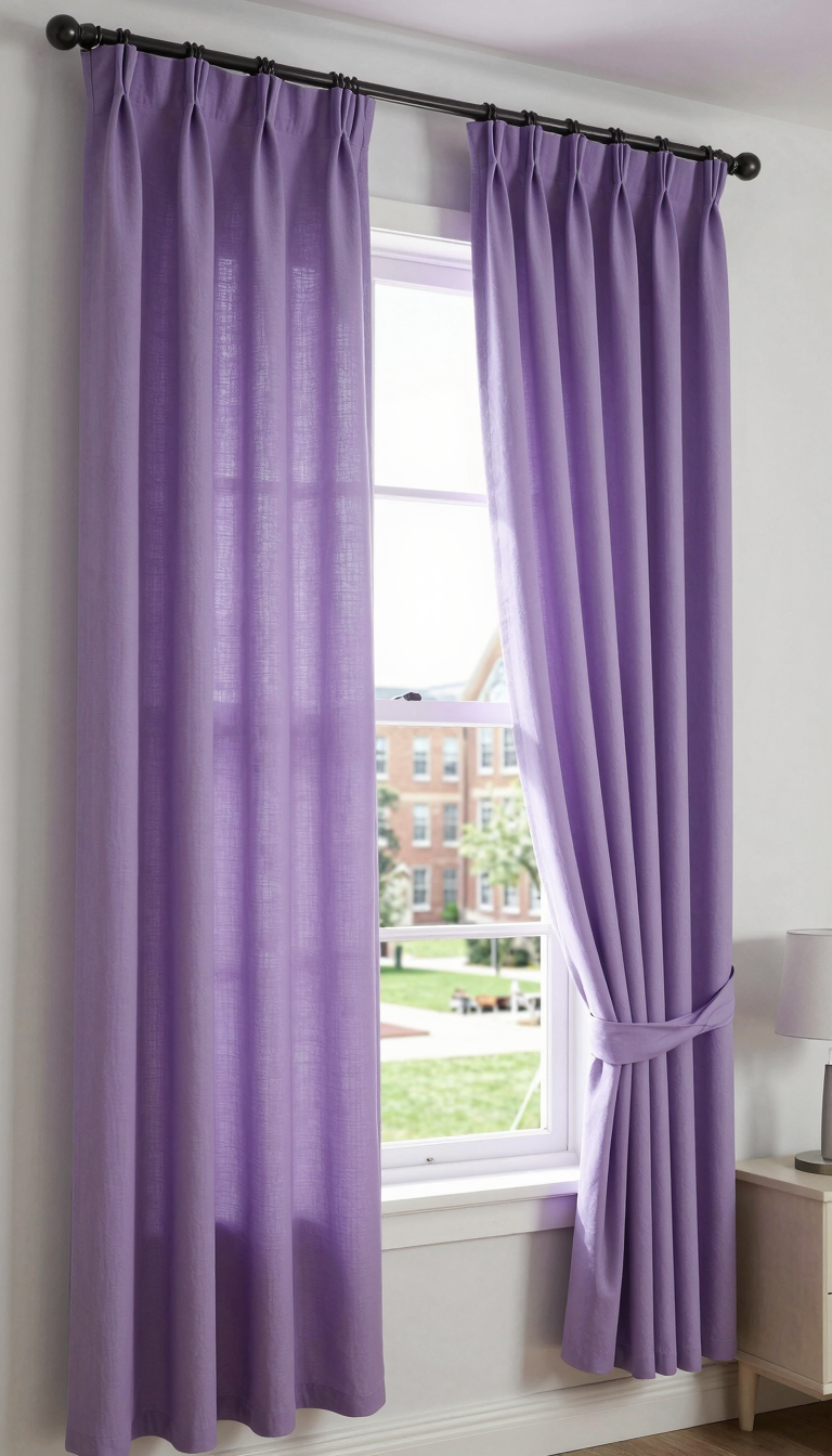 Lavender curtains drawn back slightly to reveal a view of a campus courtyard