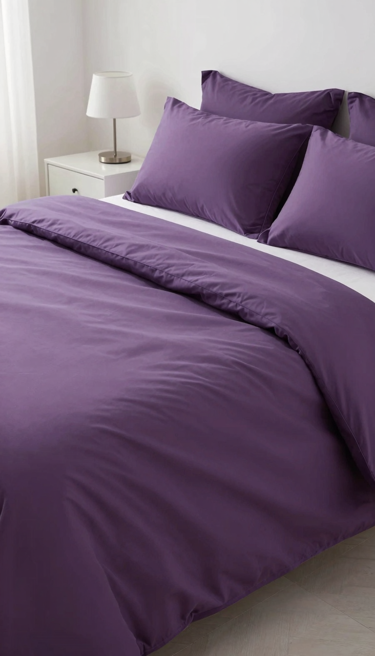 Plum bed sheet set neatly made on a dorm bed with purple throw pillows