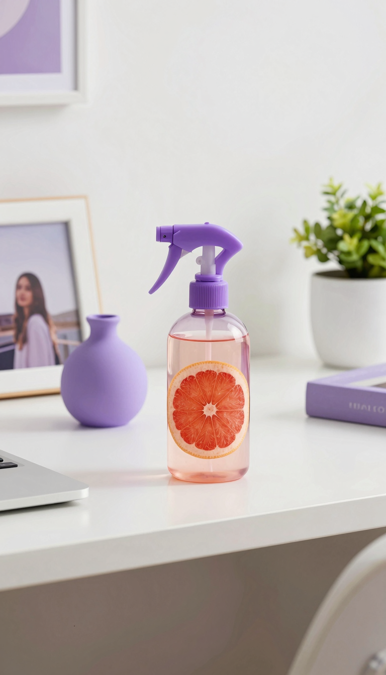 Grapefruit-scented room spray bottle next to a purple vase on a dorm desk
