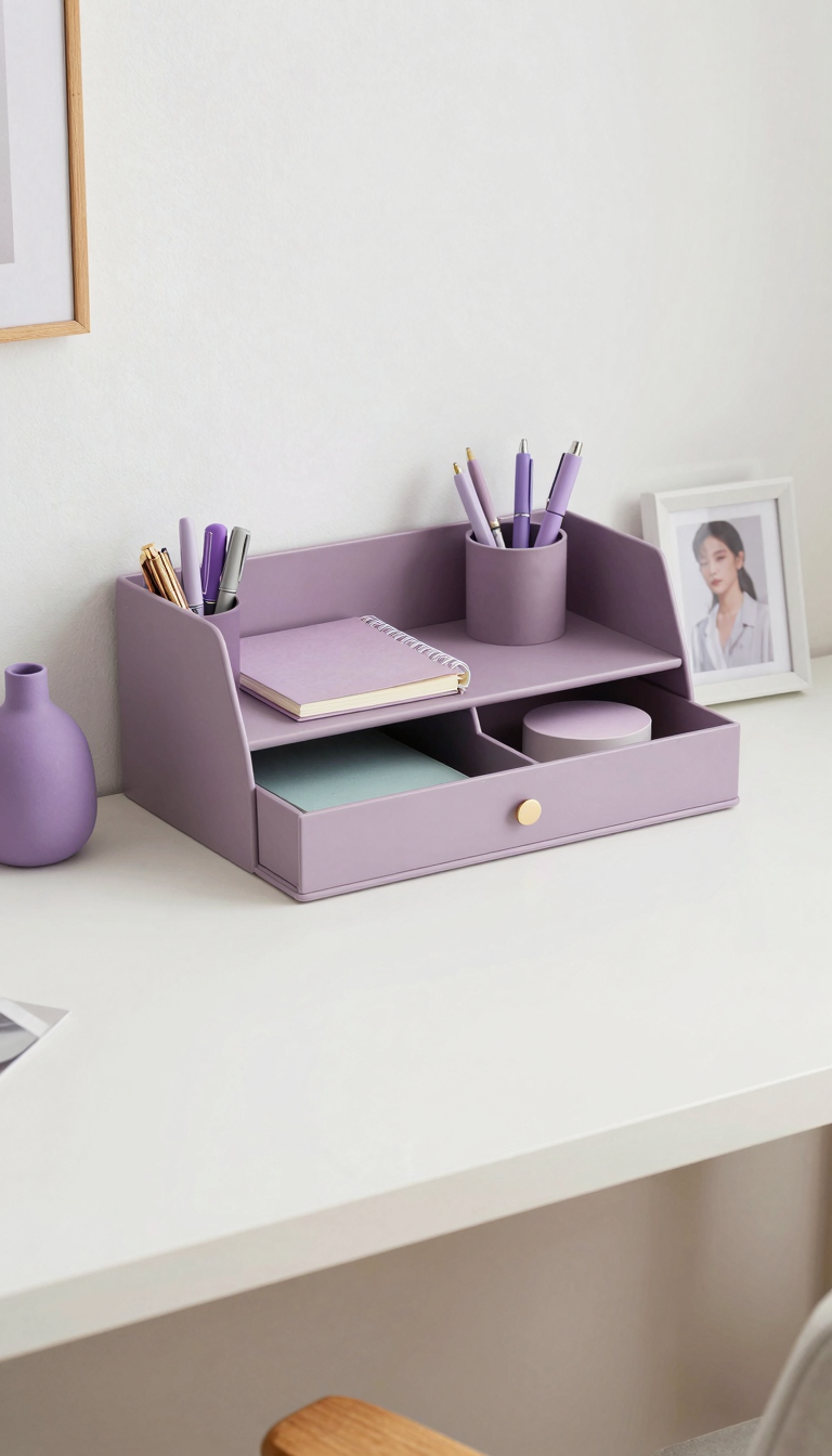 Mauve desk organizer holding pens and notebooks on a dorm desk