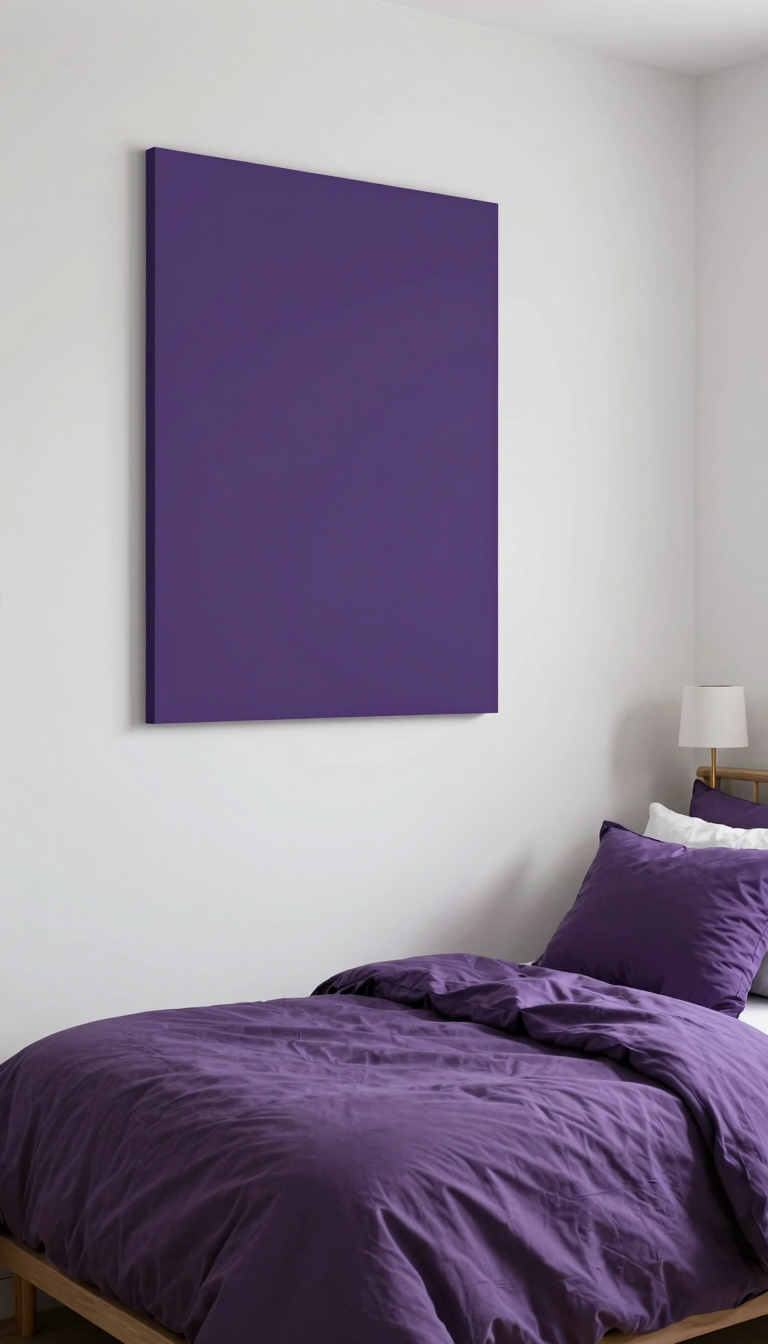 Violet wall art print hanging above a dorm bed with a plum comforter