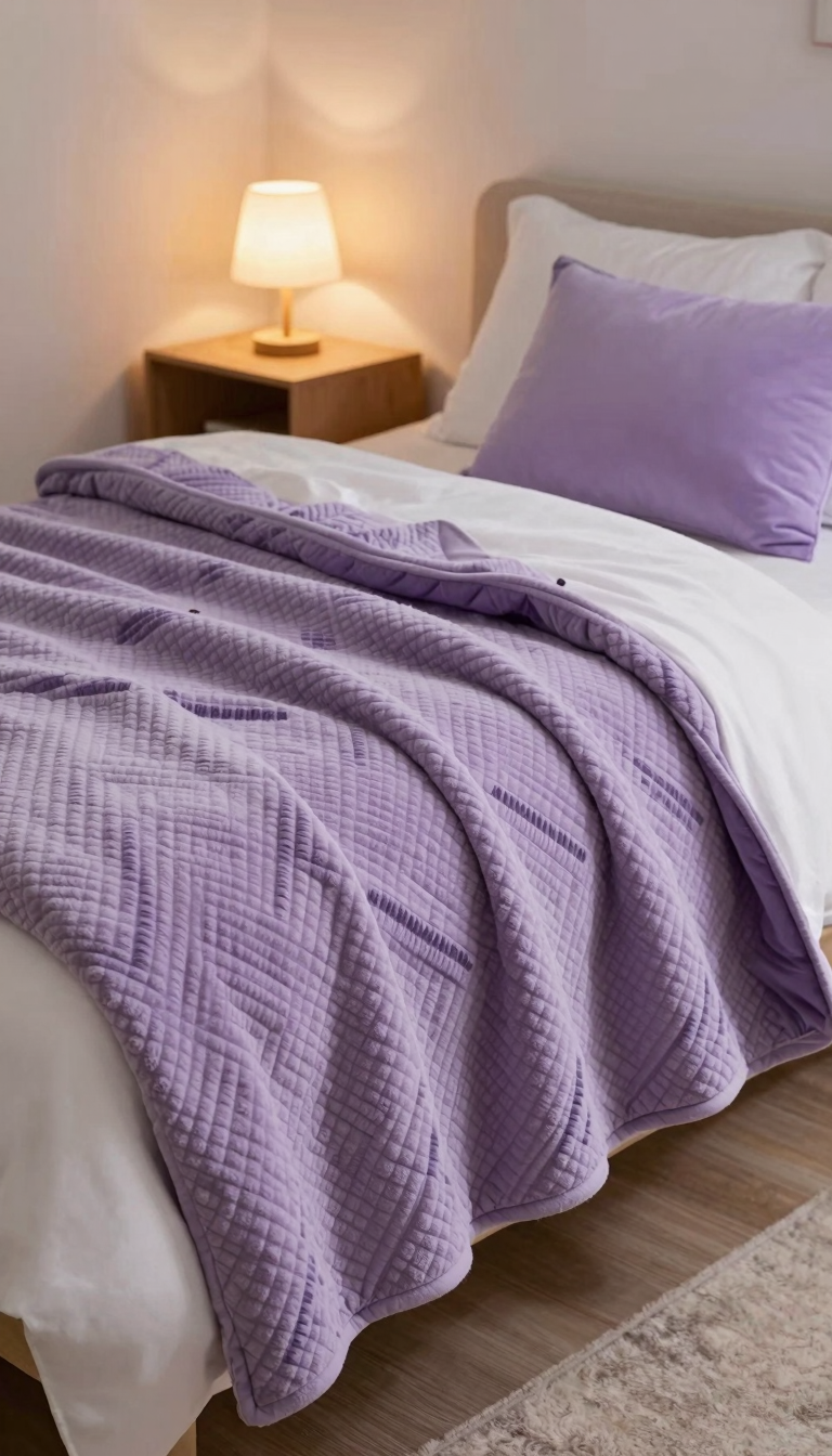 Lavender weighted blanket draped over a twin bed in a cozy dorm room