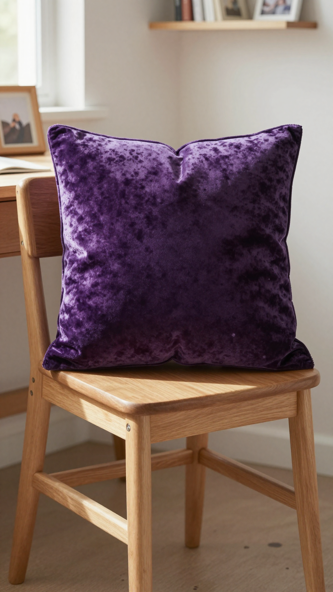 Amethyst velvet throw pillow on a wooden desk chair in a dorm room