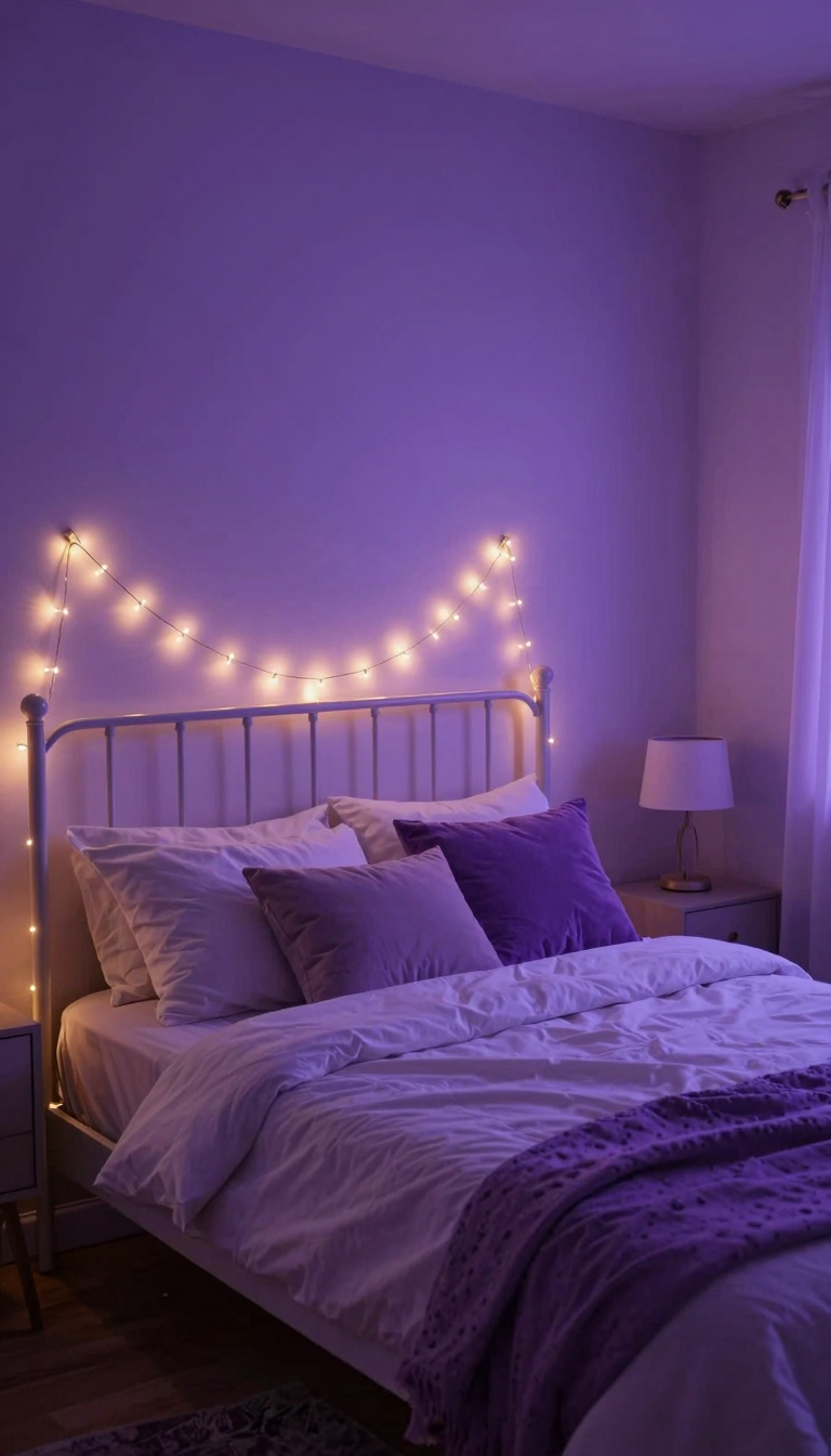 Lilac LED string lights draped around a dorm bed frame creating a cozy atmosphere