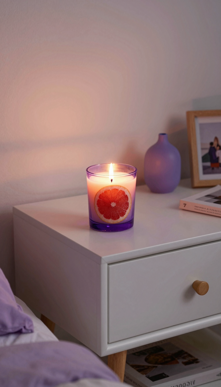 Grapefruit-scented candle in a purple glass jar on a dorm nightstand