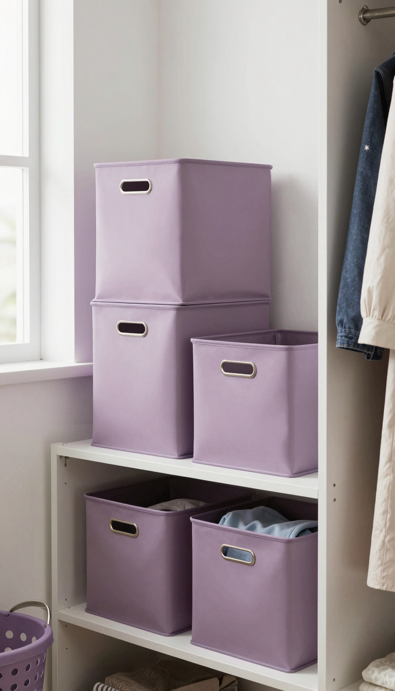 Mauve storage bins stacked neatly in a dorm closet with folded clothes