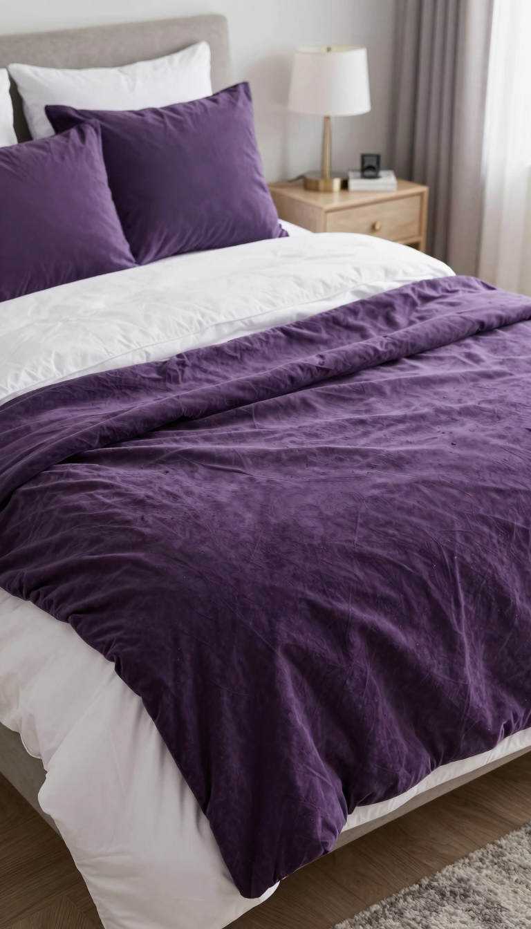 Eggplant throw blanket draped over a dorm bed with purple pillows