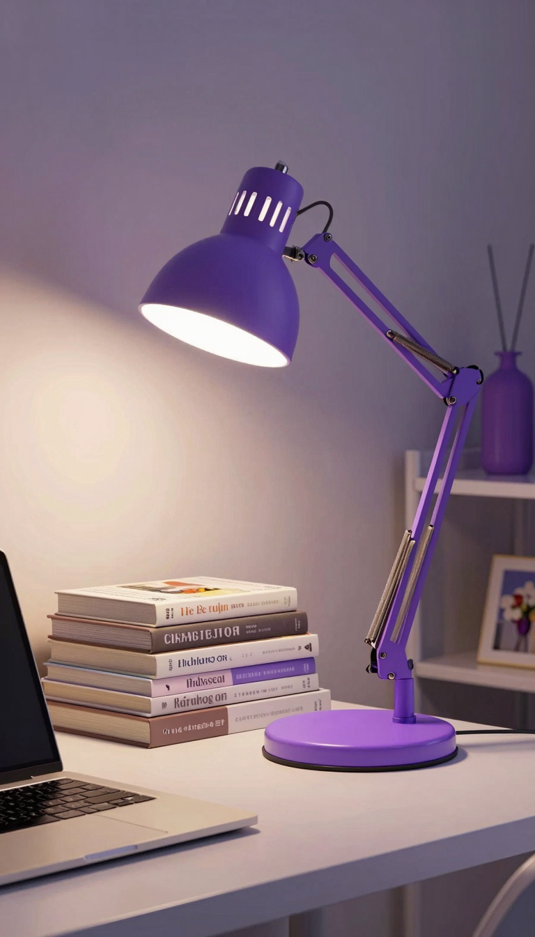 Violet desk lamp casting warm light over a dorm desk with textbooks and a laptop