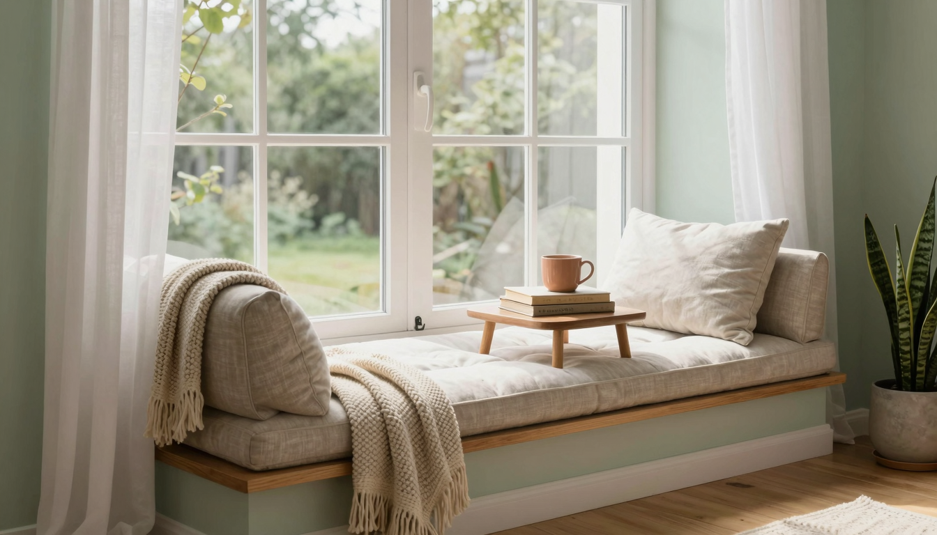 Cozy window reading nook with a plush cushion, stack of books, and warm mug in a sunlit room