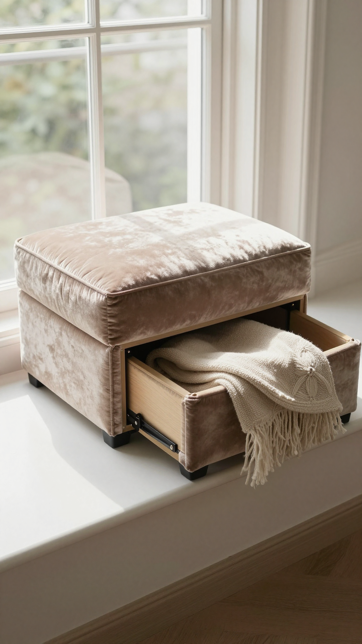 Window seat ottoman with storage in soft velvet, open to show a folded blanket inside
