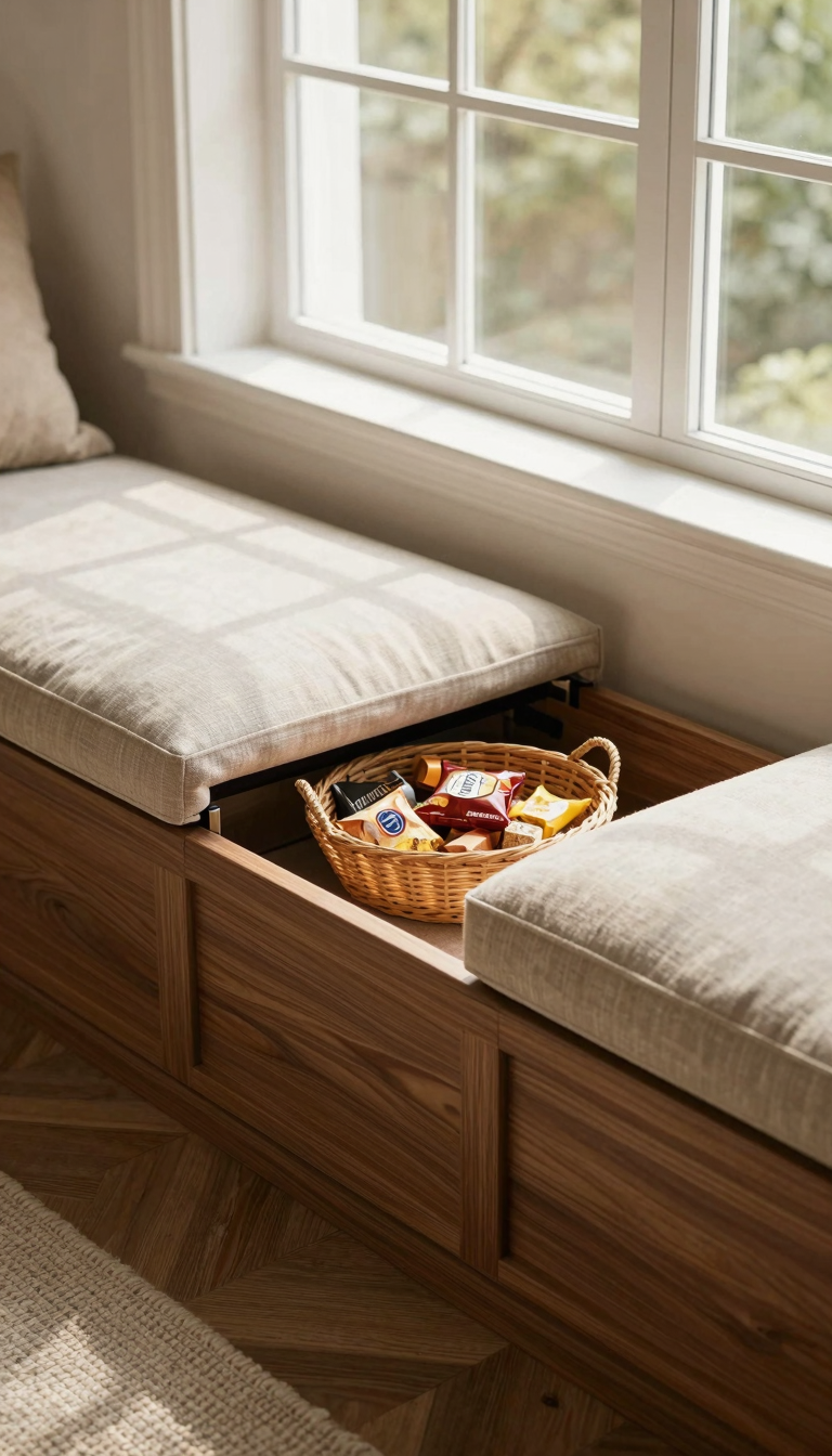 Window seat with hidden compartment in warm walnut finish, open to show a basket of snacks inside