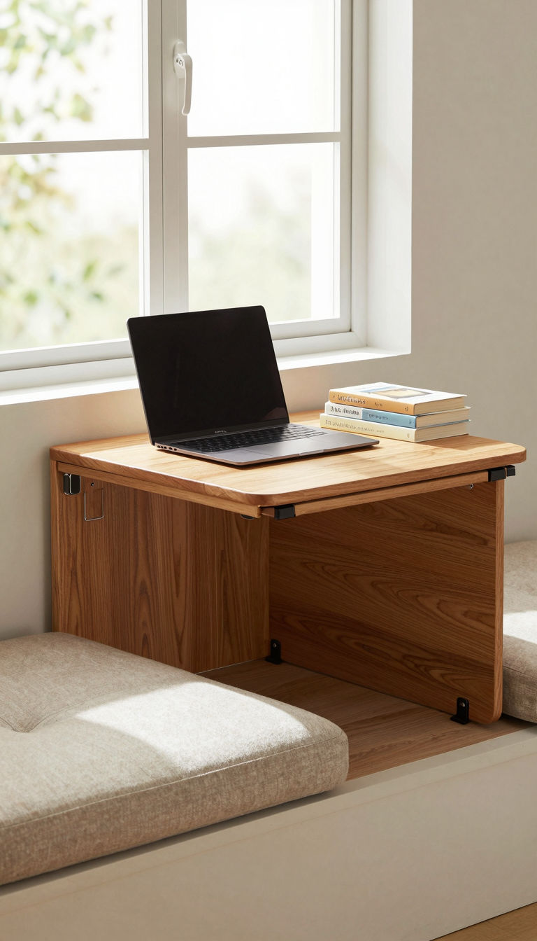 Window reading nook with fold-down desk in warm oak finish, holding a laptop and books