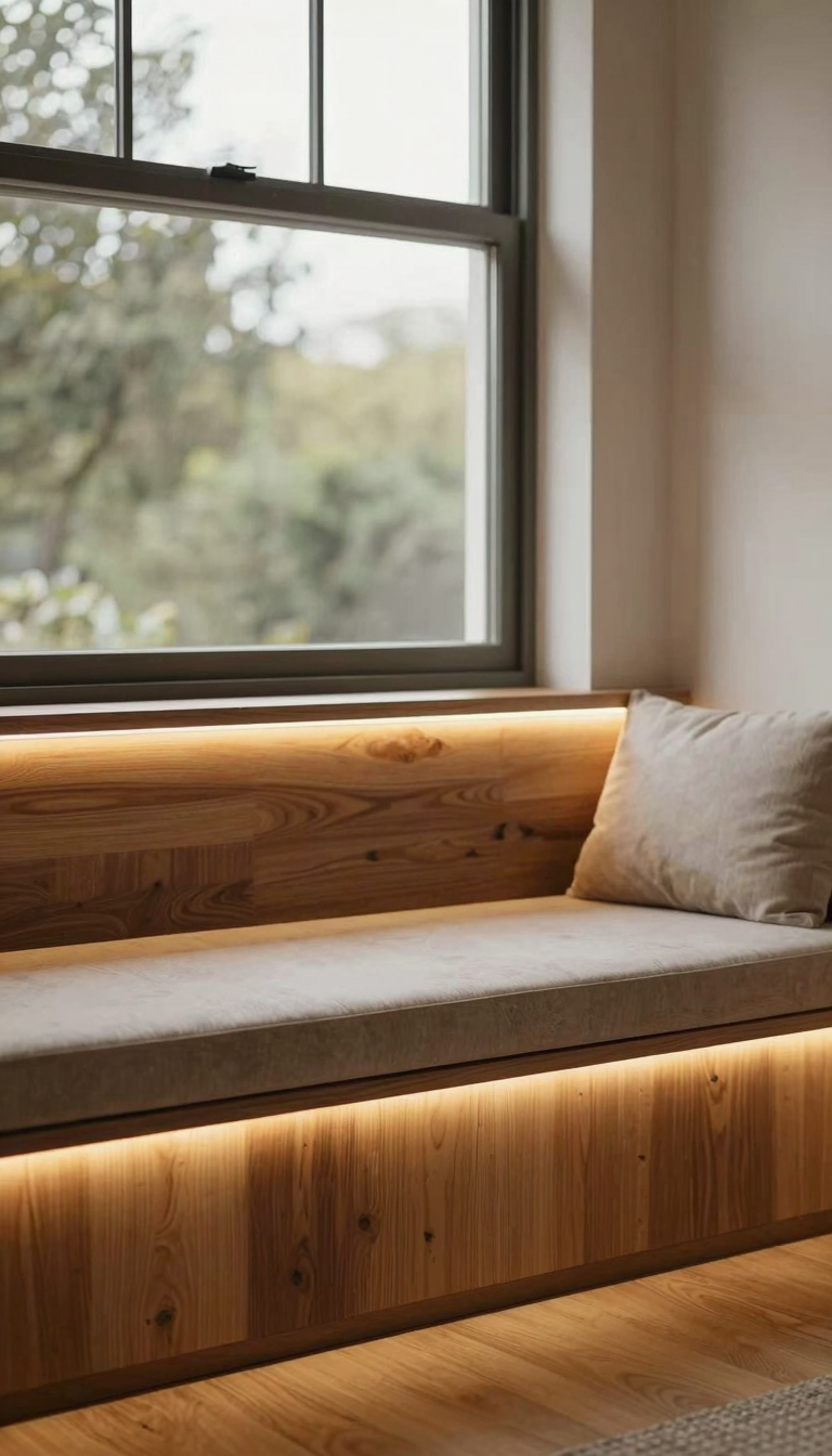 Window seat with built-in LED lighting in warm walnut finish, glowing softly at night