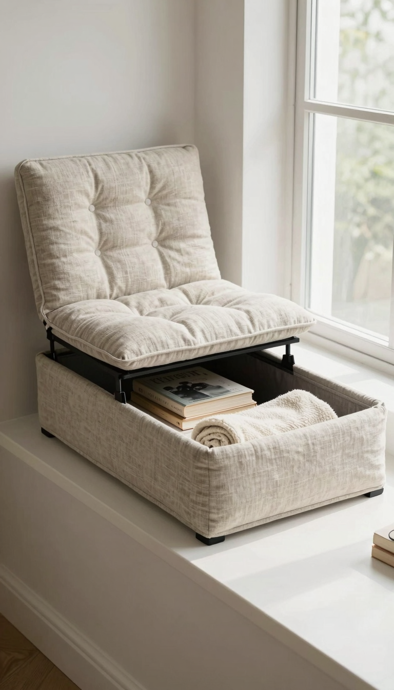Window seat cushion with storage in neutral linen, open to show books and blanket inside