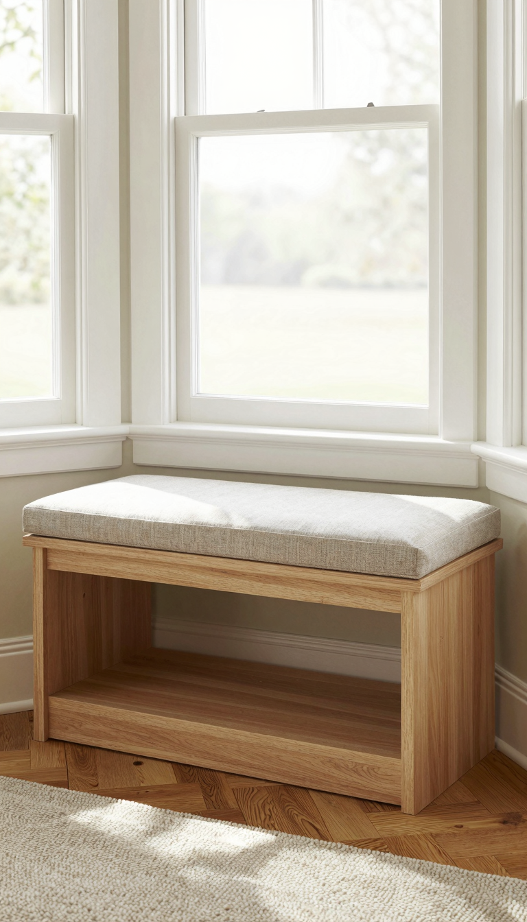 DIY window bench kit with storage, assembled in a bay window with neutral cushion
