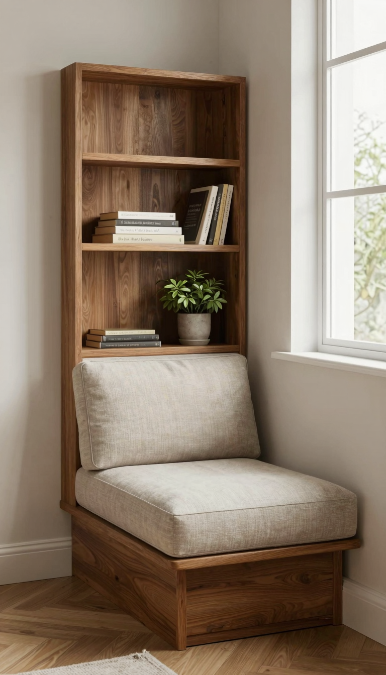 Corner window seat with built-in shelving, holding books and a potted plant