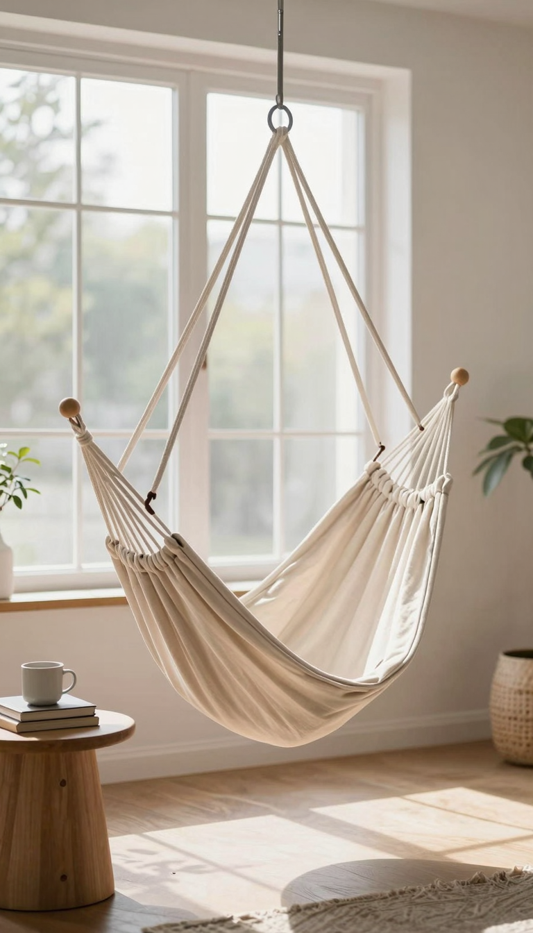Window hammock chair hanging from a ceiling hook, next to a side table with a mug and books