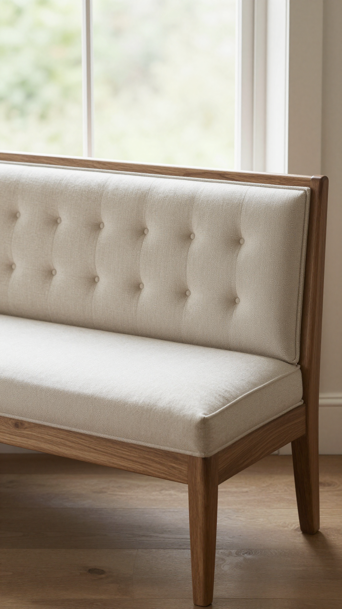 Window bench with backrest in walnut finish, positioned under a large window