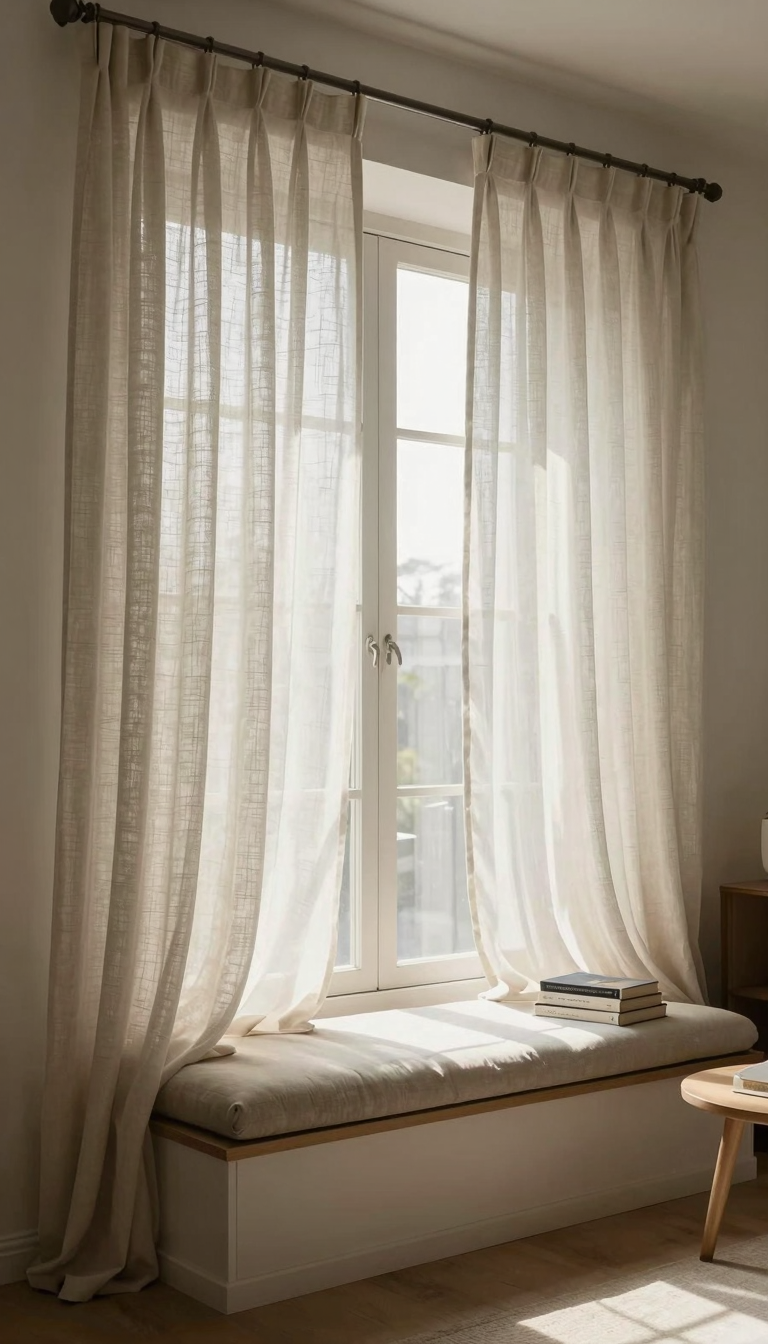 Floor-to-ceiling sheer linen curtains framing a window reading nook with a plush cushion