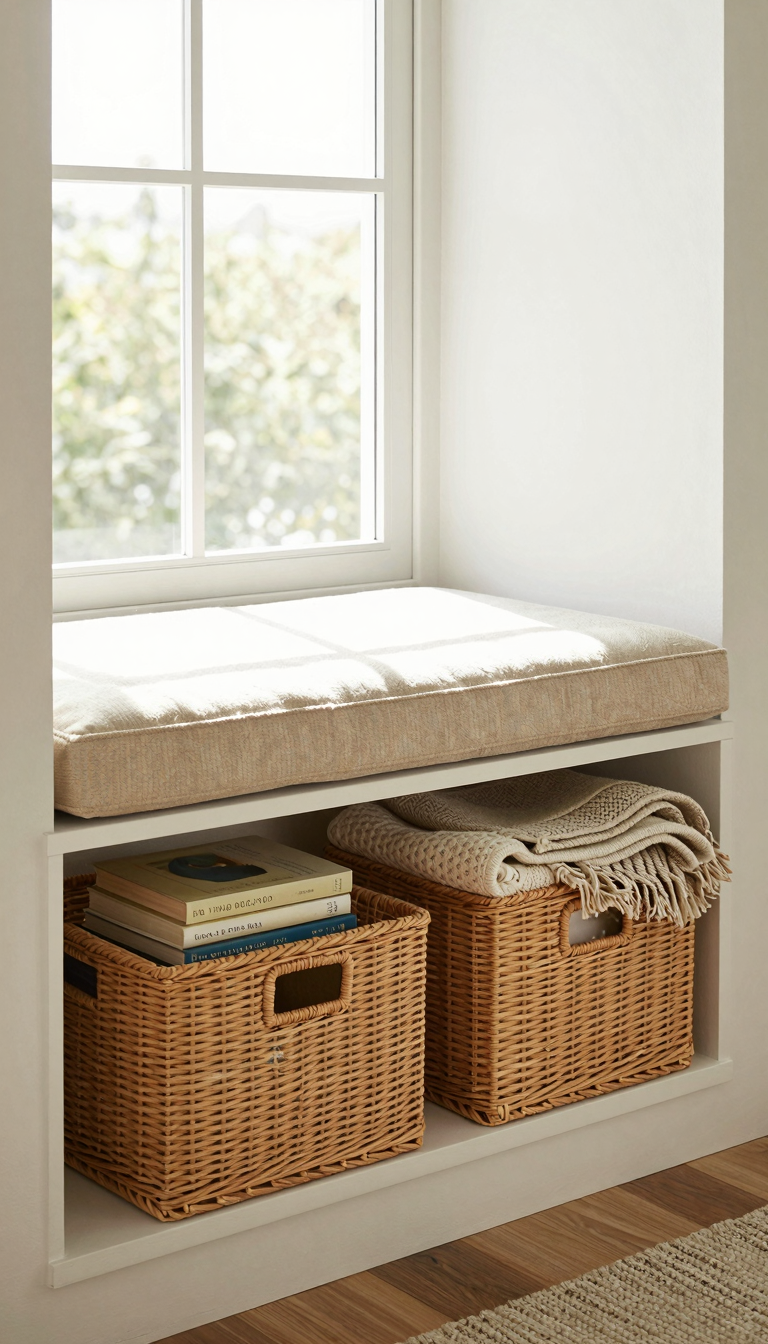 Window seat with under-seat storage baskets in natural rattan, filled with books and a blanket
