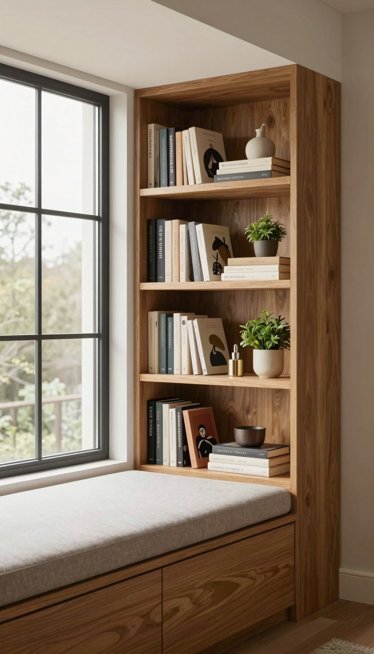Window reading nook with built-in bookshelf holding books and a potted plant