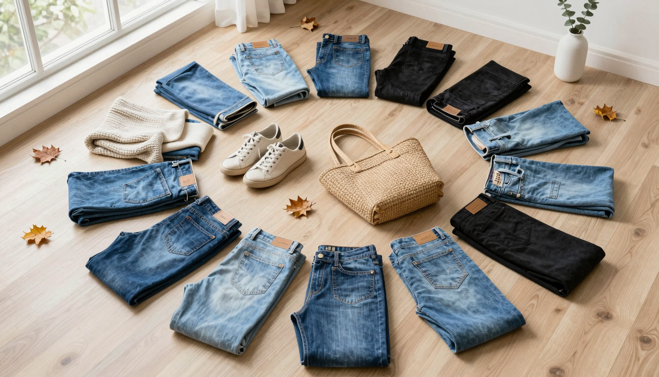 Flat lay of 10 stylish senior jeans 2027 ideas in various washes and fits, arranged neatly on a light oak floor with neutral accessories.