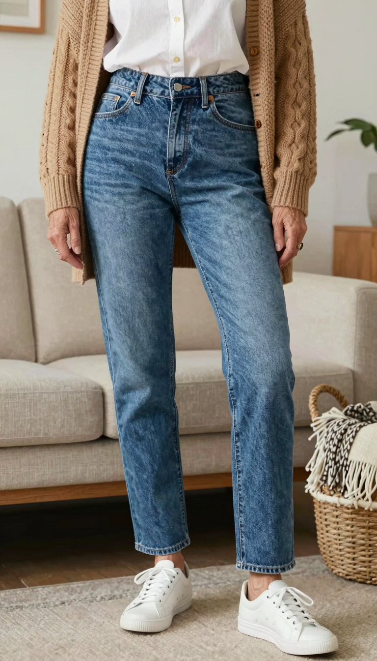 A woman in her late 50s wearing Levi’s Premium 501 Original Fit Jeans with a white button-down, camel cardigan, and white sneakers in a cozy living room.