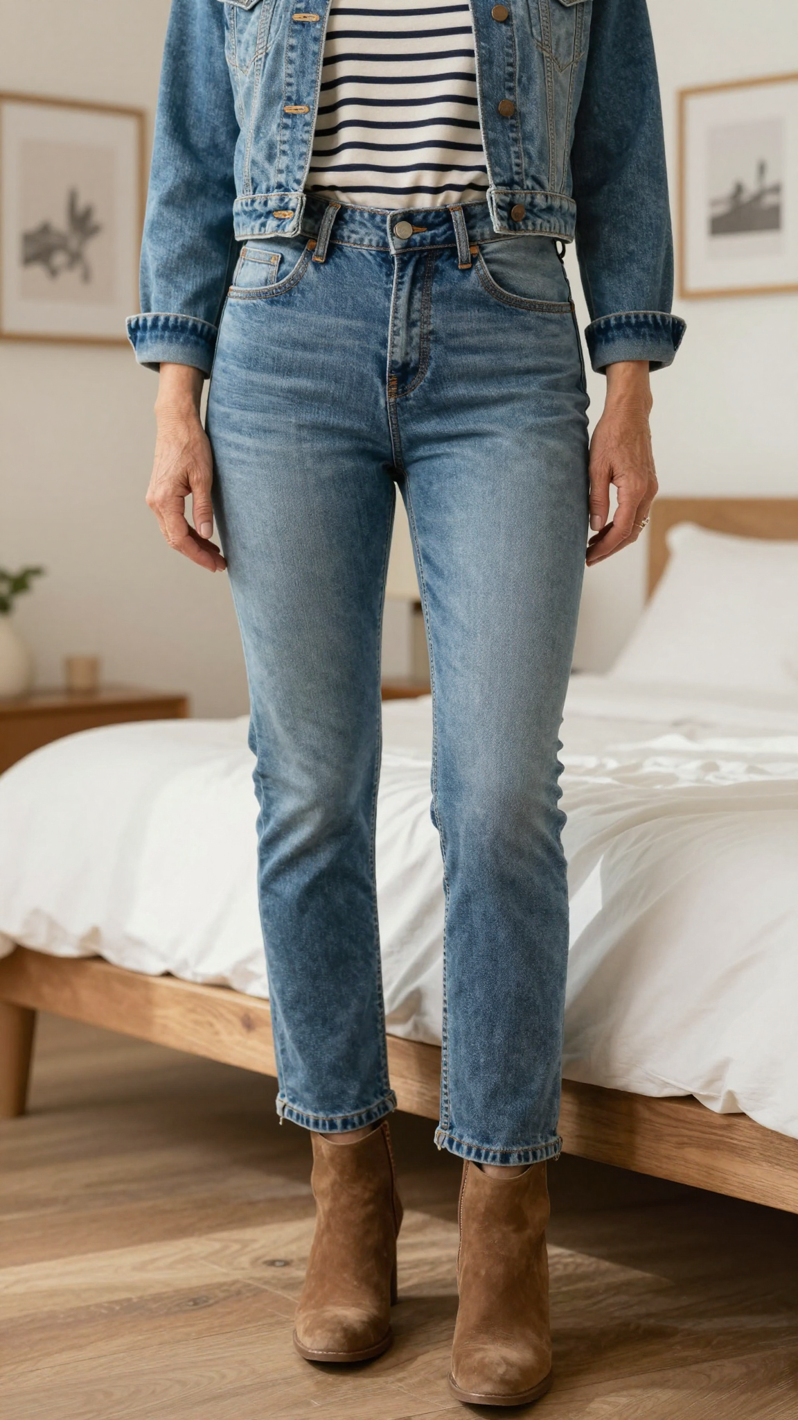 A woman in her early 60s wearing Madewell Curvy Perfect Vintage Jeans with a striped Breton top and cropped denim jacket in a minimalist bedroom.