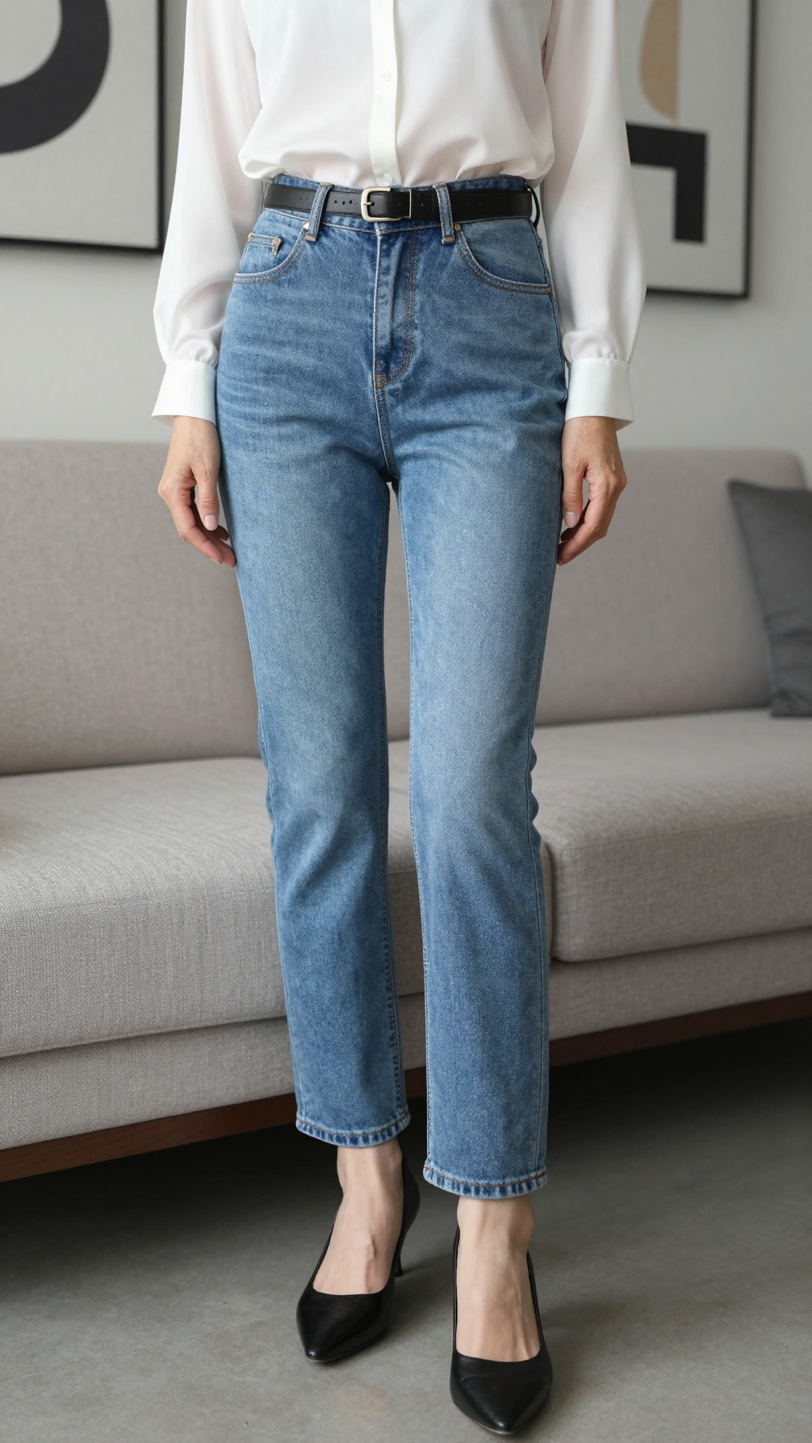 A woman in her early 60s wearing Eileen Fisher Mid-Rise Straight Jeans with a white silk blouse and black leather belt in a modern living room.