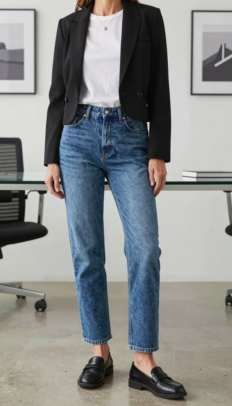 A woman in her early 60s wearing J.Crew 99% Cotton Straight Jeans with a white t-shirt and cropped black blazer in a modern office.