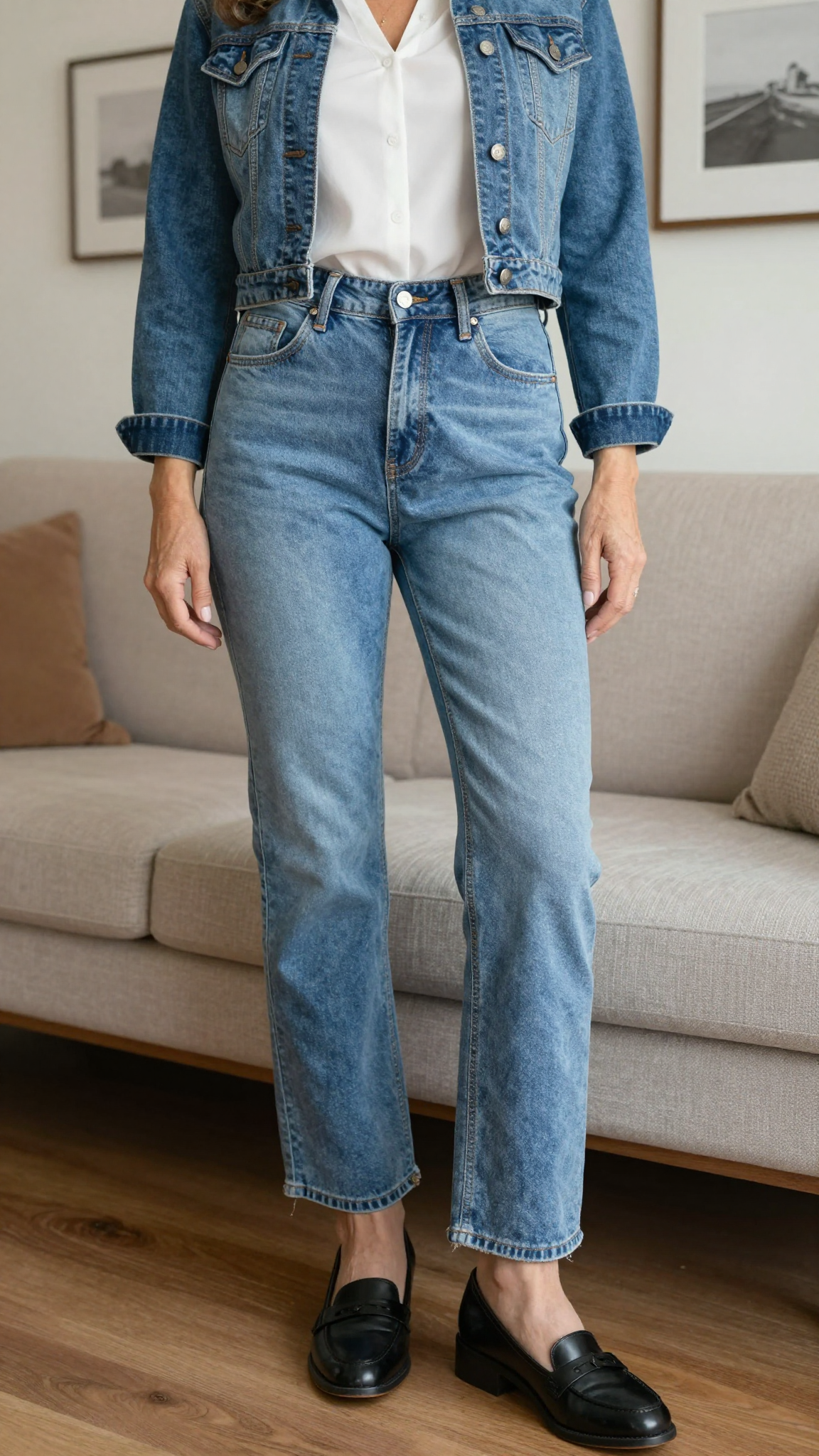 A woman in her early 60s wearing NYDJ Women’s Marilyn Straight Jeans with a white blouse and cropped denim jacket in a cozy living room.