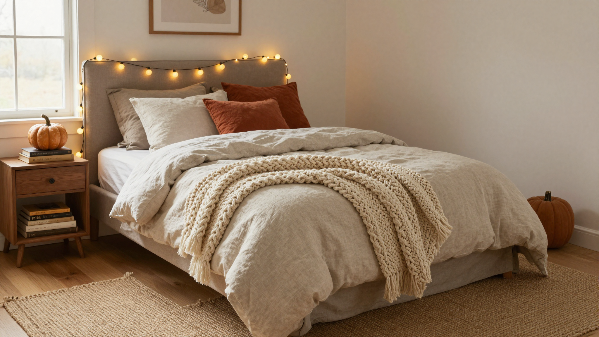 Cozy fall bedroom with chunky knit throw, warm lighting, and autumn decor