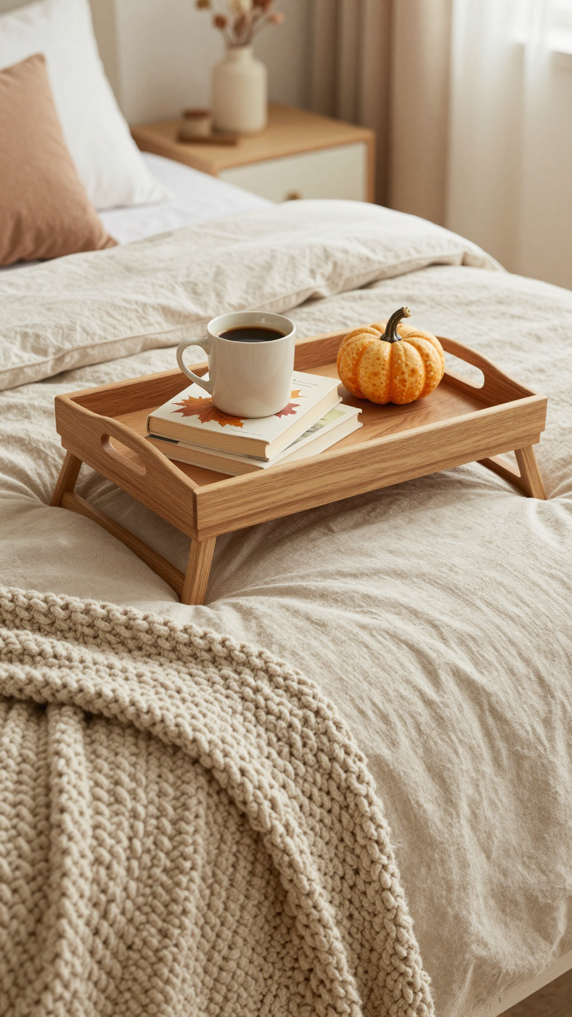 Wooden bed tray on a made bed holding coffee, books, and a ceramic pumpkin