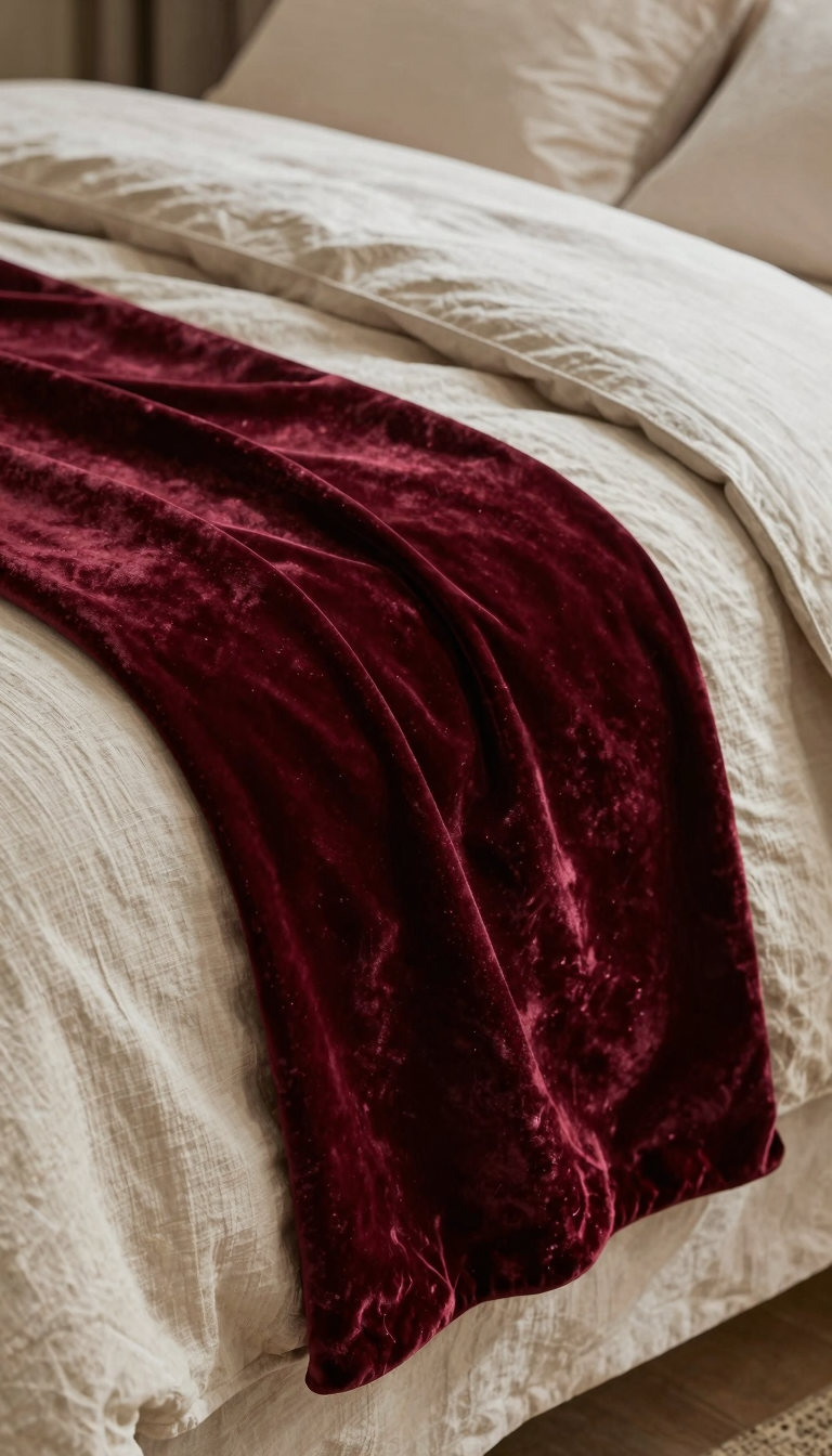 Velvet bed runner in deep burgundy draped over a bed with neutral linen duvet
