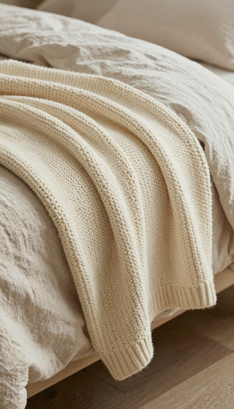Chunky cream knit throw blanket draped over a bed with neutral linen duvet