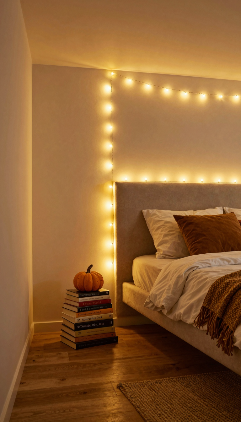 Warm-toned LED string lights draped along a bedroom headboard and ceiling
