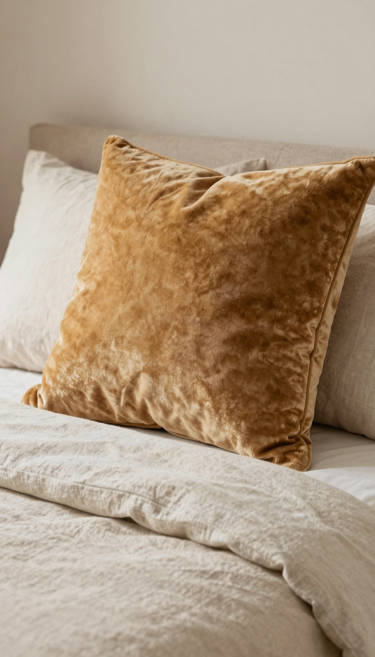 Faux fur accent pillow in warm caramel on a bed with neutral linen duvet