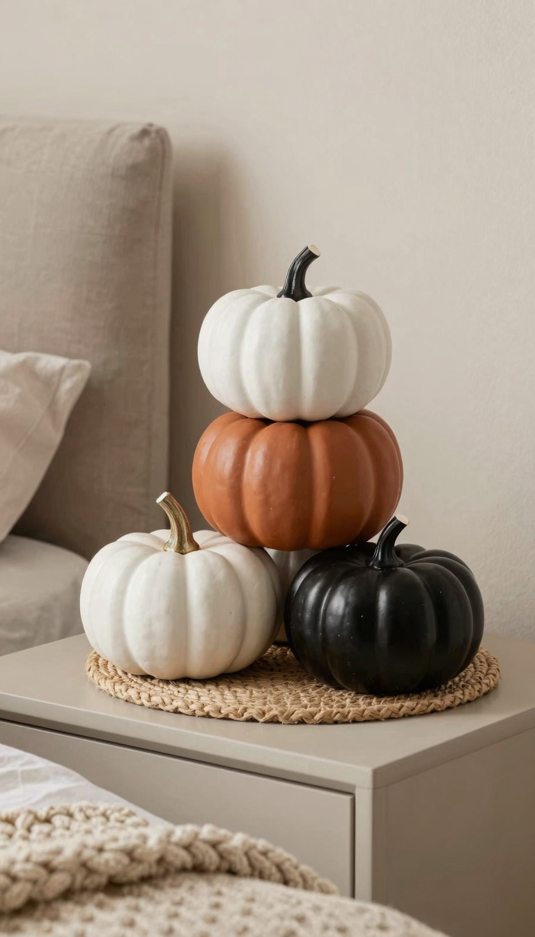 Ceramic pumpkin set in matte white, terracotta, and glossy black on a bedroom nightstand
