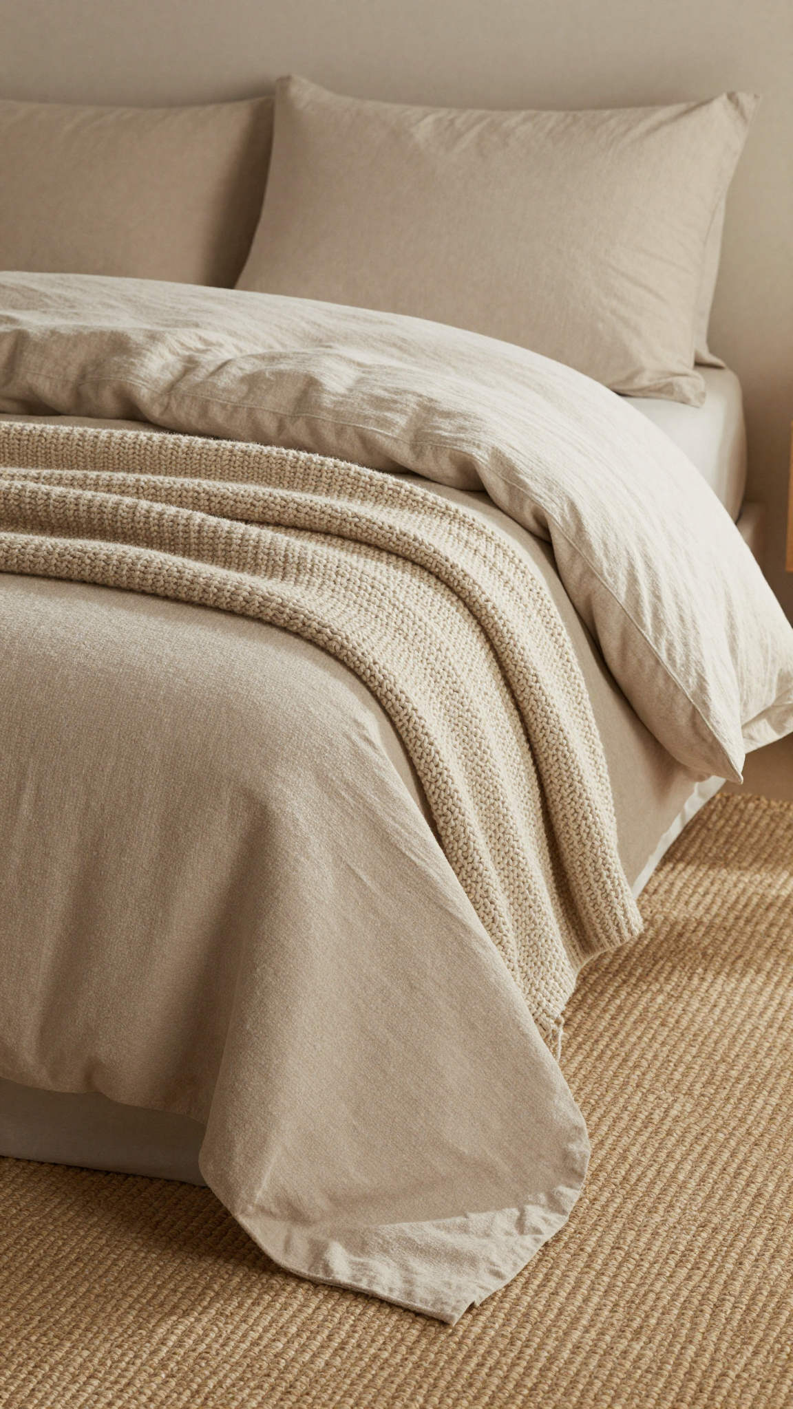 Flannel duvet cover set in oatmeal with chunky knit throw on a made bed