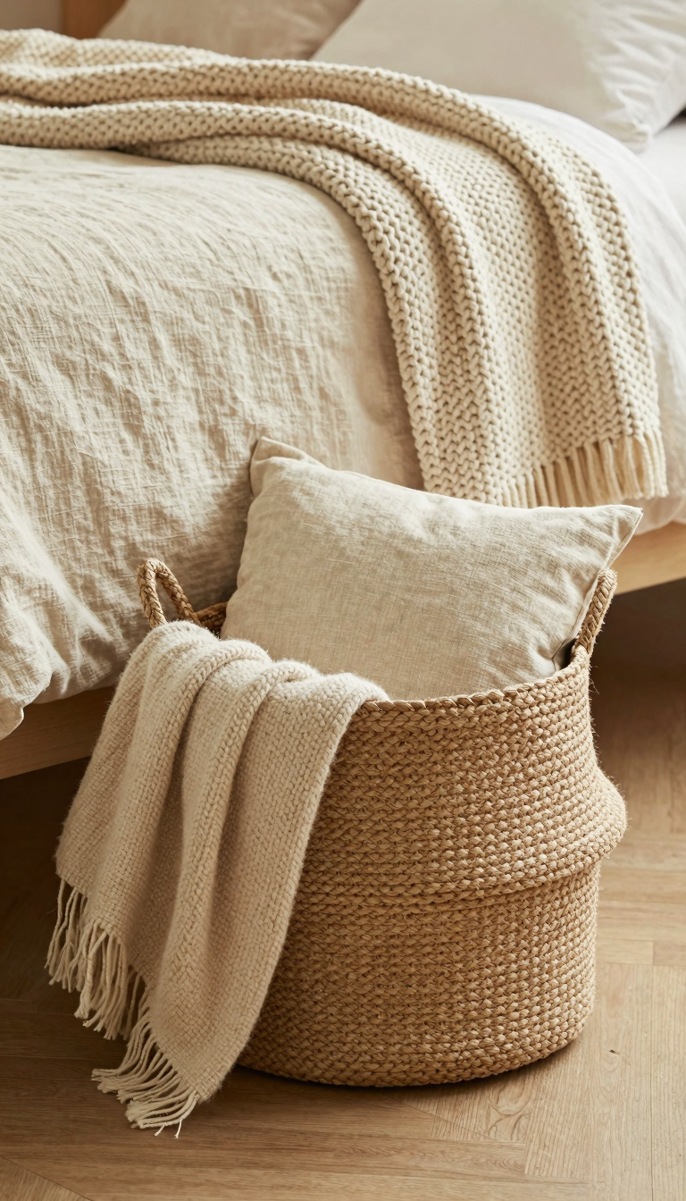 Woven jute storage basket filled with throw blankets and pillows in a bedroom corner