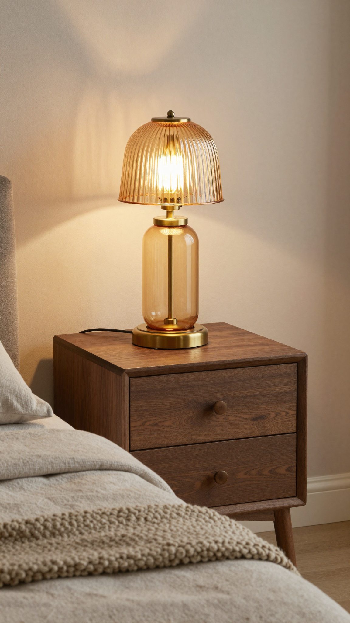 Amber glass table lamp in brass finish on a bedroom nightstand