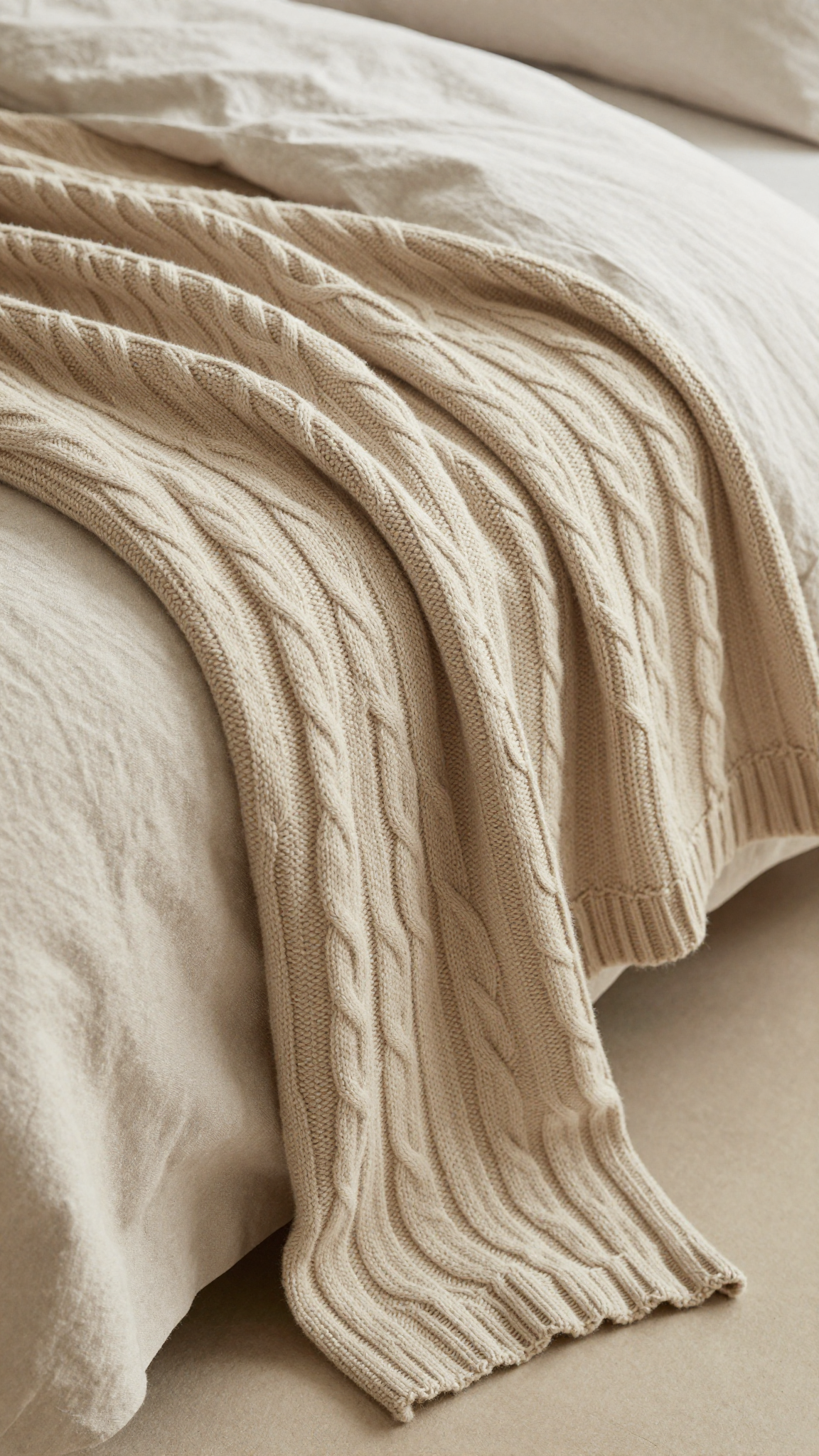 Cable knit throw blanket in warm oatmeal draped over a bed with neutral linen duvet