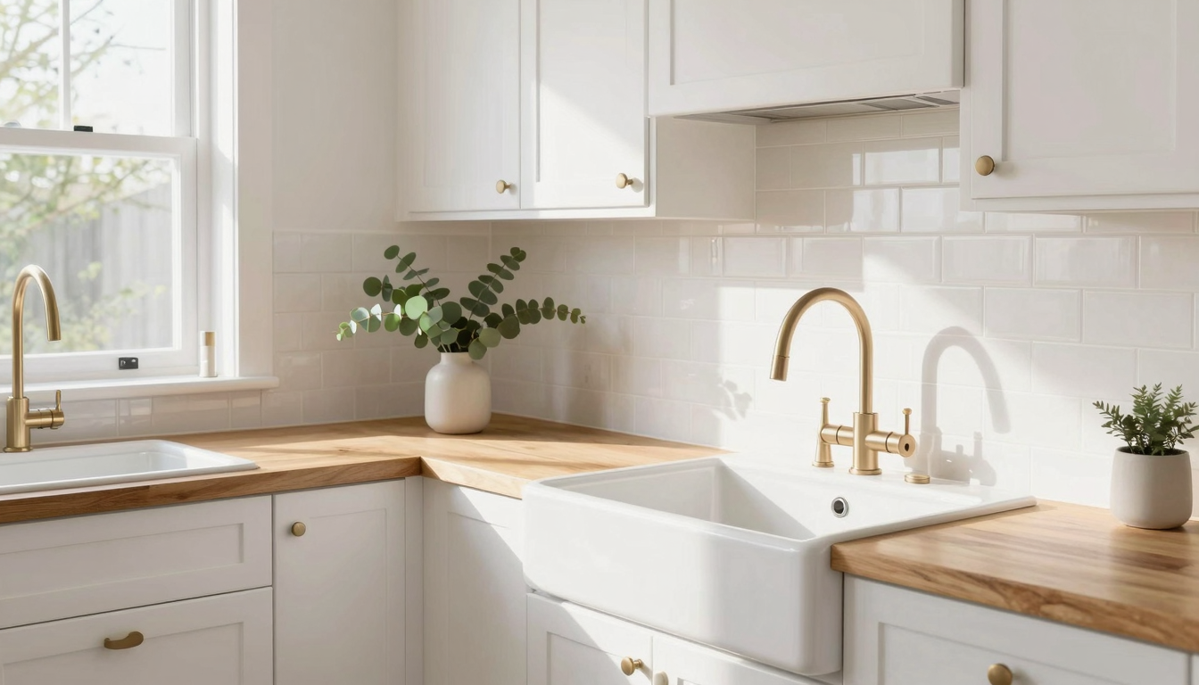 A cozy kitchen with white shaker cabinets and a glossy white subway tile backsplash bathed in natural light