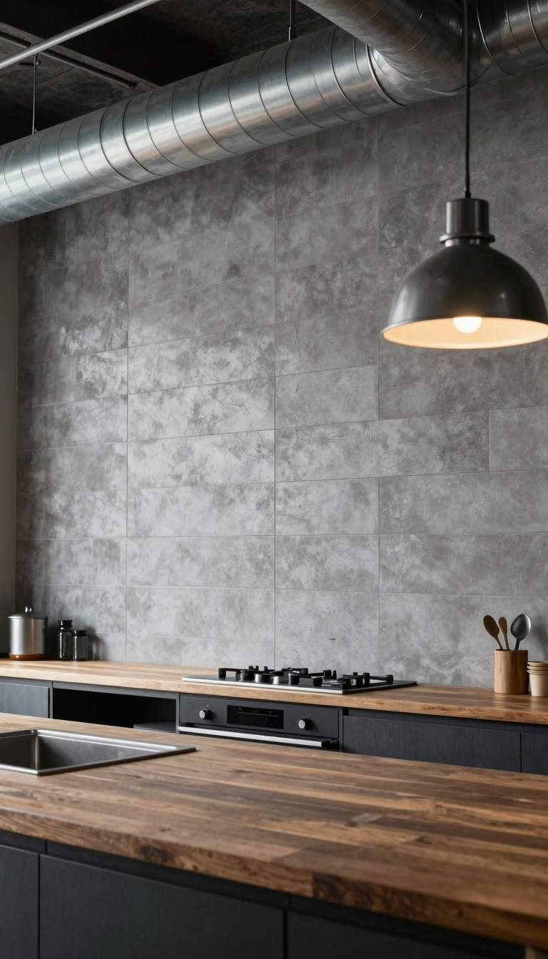 Concrete-look tiles in matte gray finish behind a stainless steel range hood