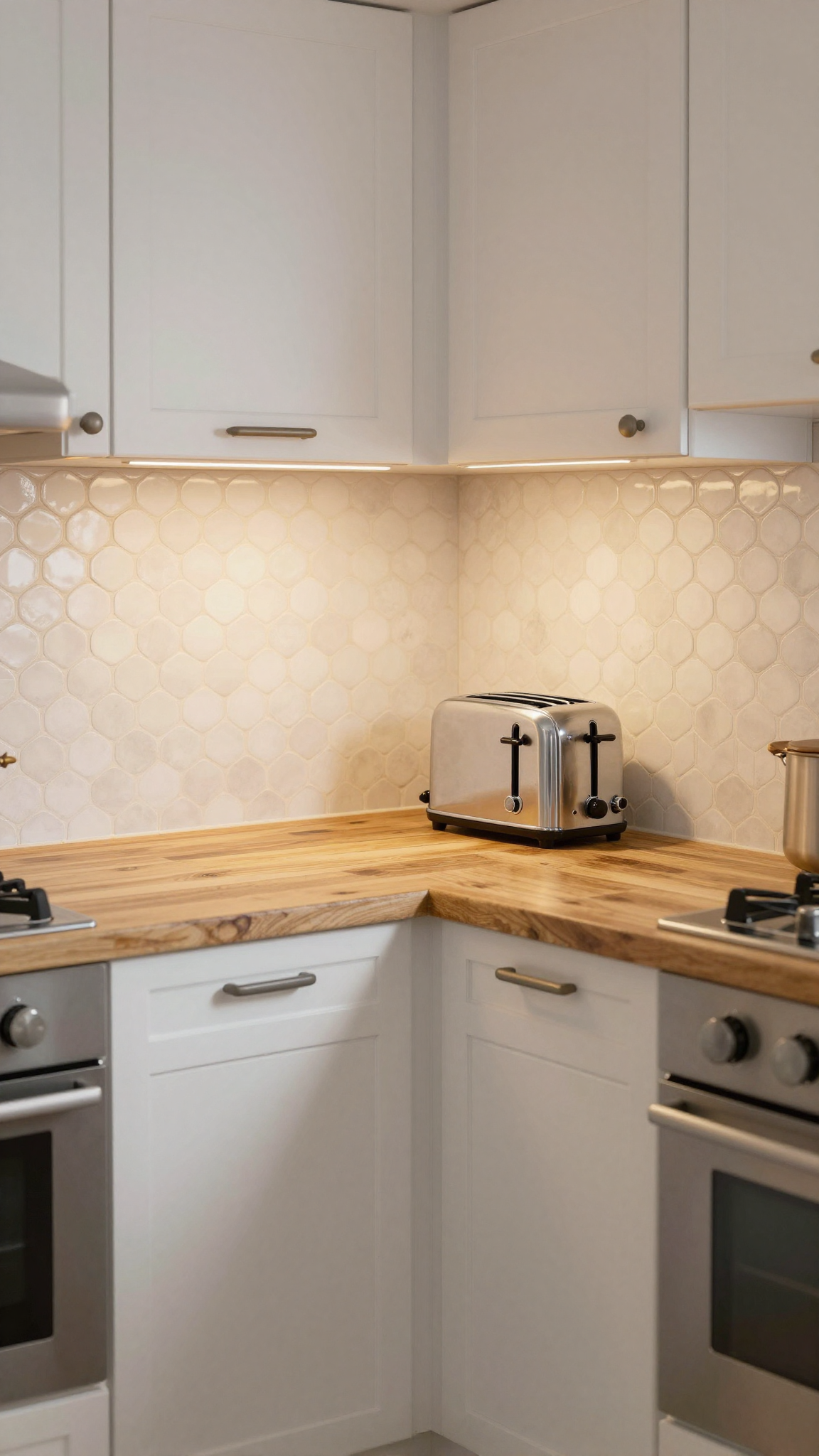 Penny tiles in white finish with black grout in a vintage-style kitchen